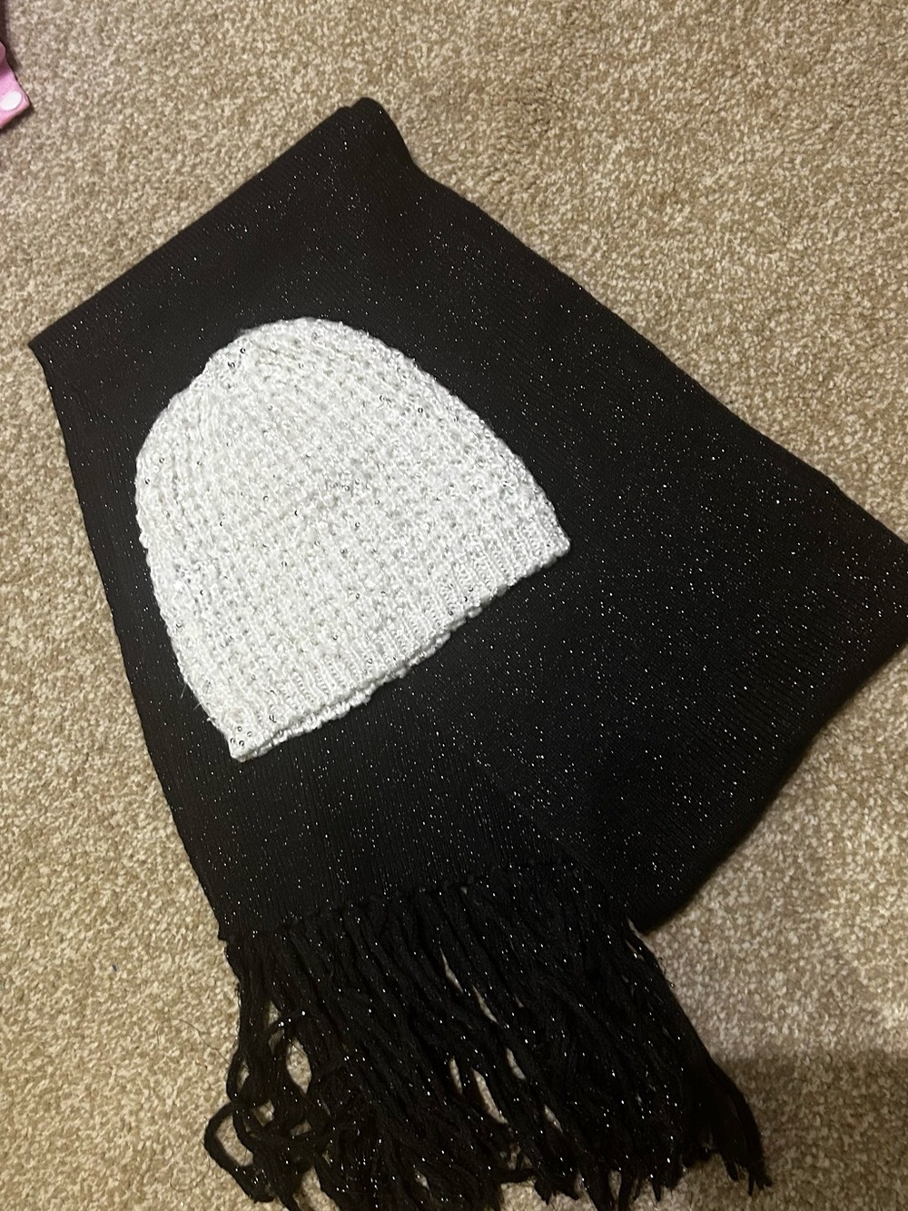 Black Sparkle Scarf and White Crochet Beanie - Women Accessories